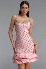 Load image into Gallery viewer, Francina Exquisite Contour Camisole Rhinestone Ruffle Pink Bandage Mini Dress