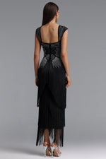 Load image into Gallery viewer, Hatice Square Neck Rhinestone Fringe Black Bandage Maxi Dress