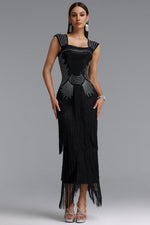 Load image into Gallery viewer, Hatice Square Neck Rhinestone Fringe Black Bandage Maxi Dress