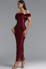 Load image into Gallery viewer, Laley Elegant Contour Off Shoulder Floral Pearl Woven Maxi Dress