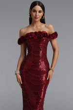 Load image into Gallery viewer, Laley Elegant Contour Off Shoulder Floral Pearl Woven Maxi Dress