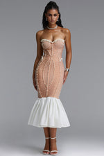 Load image into Gallery viewer, Falisa Vintage Strapless Heavy Ornate Pearl Pleated Midi Bandage Mermaid Dress
