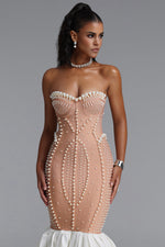 Load image into Gallery viewer, Falisa Vintage Strapless Heavy Ornate Pearl Pleated Midi Bandage Mermaid Dress