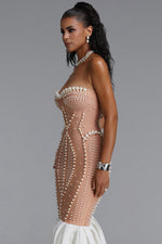 Load image into Gallery viewer, Falisa Vintage Strapless Heavy Ornate Pearl Pleated Midi Bandage Mermaid Dress