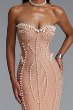 Load image into Gallery viewer, Falisa Vintage Strapless Heavy Ornate Pearl Pleated Midi Bandage Mermaid Dress