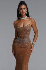Load image into Gallery viewer, Scala Luxury Bandeau Ruched Rhinestone Maxi Dress