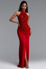 Load image into Gallery viewer, Octavia Elegant Contour Sleeveless Slit Sequin Woven Red Maxi Dress