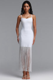 Demere Chic Contour Fringe Bandage White Maxi Dress