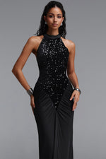Load image into Gallery viewer, Octavia Elegant Contour Sleeveless Slit Sequin Woven Black Maxi Dress