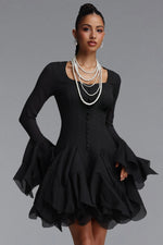 Load image into Gallery viewer, Uhren Vintage Flowy Long Sleeve Ruffle Chiffon Mini Dress