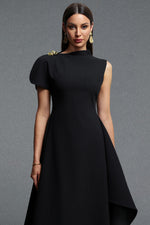 Load image into Gallery viewer, Weren Elegant Contour High Neck Asymmetric Black Maxi Dress