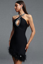 Load image into Gallery viewer, Elay Halter Sleeveless Cut Out Rhinestone Feather Bandage Midi Dress