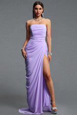 Load image into Gallery viewer, Tazeda Elegant Contour Strapless Ruched Mesh Purple Maxi Dress