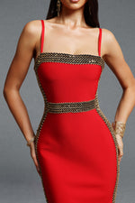 Load image into Gallery viewer, Lestie Minimalist Contour Straight Neck Gold Woven Bandage Red Midi Dress