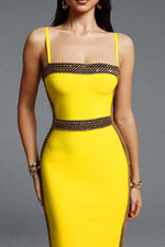 Load image into Gallery viewer, Lestie Minimalist Contour Straight Neck Gold Woven Bandage Yellow Midi Dress