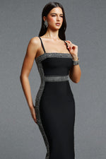 Load image into Gallery viewer, Lestie Minimalist Contour Straight Neck Silver Trim Woven Bandage Midi Dress