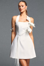 Load image into Gallery viewer, Veren Elegant Cinched Waist Halter Floral Pearl A Line Woven Mini Dress