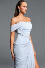 Load image into Gallery viewer, Tazeda Elegant Contour Off Shoulder Ruched Slit Mesh Maxi Dress