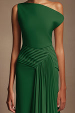 Load image into Gallery viewer, Paulina Oblique Shoulder Sleeveless Folds Green Midi Dress
