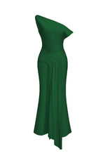 Load image into Gallery viewer, Paulina Oblique Shoulder Sleeveless Folds Green Midi Dress