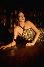 Load image into Gallery viewer, Raola Glamorous Contour Halter Rhinestone Sequin Feather Maxi Dress