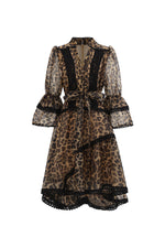 Load image into Gallery viewer, Uhren Resort Flowy V-Neck Long Sleeve Falbala Lace Woven Leopard Print Mini Dress