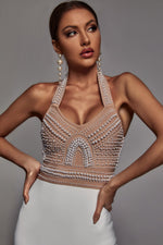 Load image into Gallery viewer, Cornelia Pearl Halter Bandage Dress - Beige - Bellabarnett