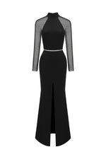 Load image into Gallery viewer, Gini High Neck Long Sleeves Diamond High Slit Maxi Dress