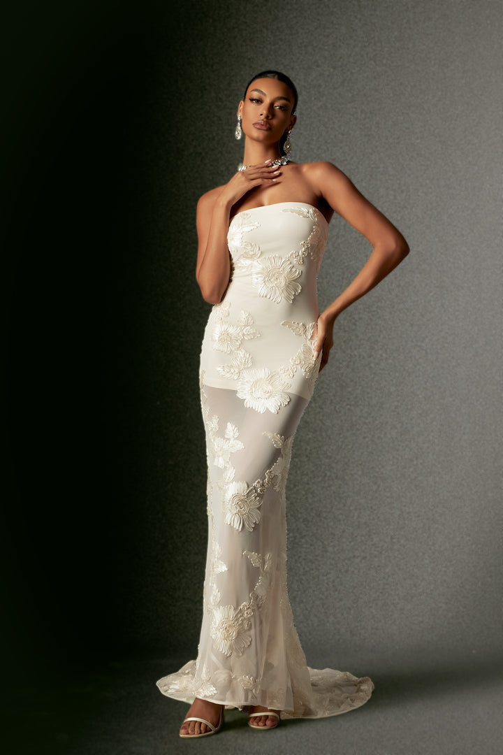 Deliyn Strapless Embroidery Flr Mesh Maxi Dress