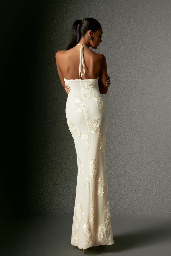 Griselda Flr Halter Embroidery Maxi Dress - White