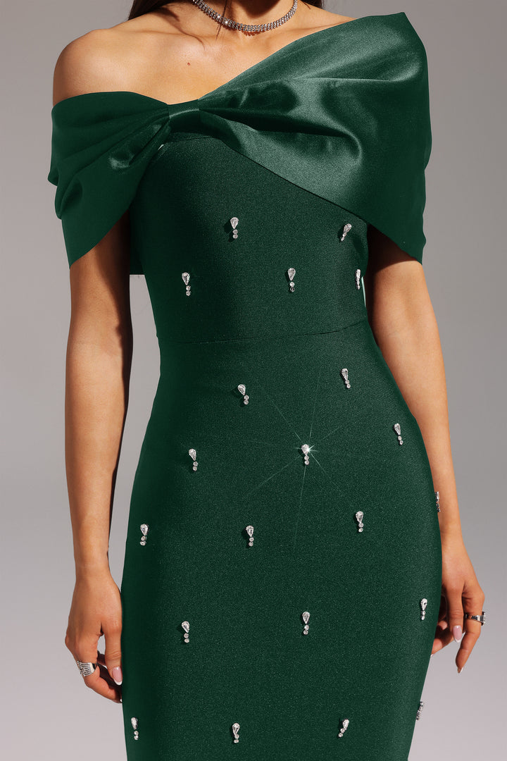 Palez Sleeveless One Shoulder Diamond Bow Bandage Maxi Dress