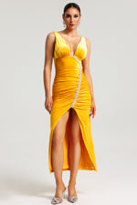 Load image into Gallery viewer, Hakula Diamante Slit Midi Dress