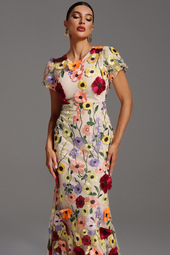 Naya Short Sleeve Round Neck Flrs Fishtail Maxi Dress