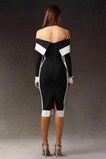 Load image into Gallery viewer, Mattey Off-The-Shoulder Long Sleeves Stripes Bandage Midi Dress
