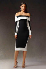 Load image into Gallery viewer, Mattey Off-The-Shoulder Long Sleeves Stripes Bandage Midi Dress