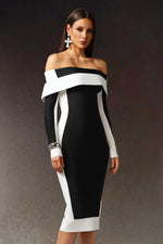 Load image into Gallery viewer, Mattey Off-The-Shoulder Long Sleeves Stripes Bandage Midi Dress
