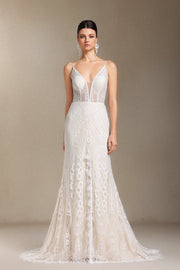 Vallea Lace V-neck Backless Slit Trailing maxi dress