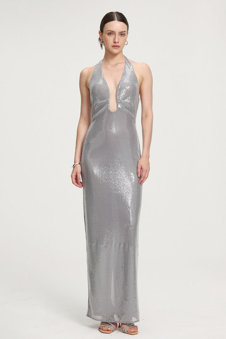 Sequined Halter V-neck Maxi Dress