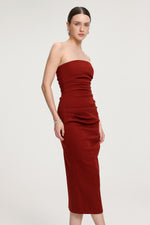 Load image into Gallery viewer, Ruched Strapless Crepe Midi Dress