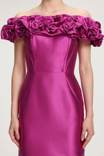 Load image into Gallery viewer, Rose-Embellished Satin Off-Shoulder Maxi Dress