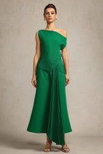 Load image into Gallery viewer, Paulina Oblique Shoulder Sleeveless Folds Green Midi Dress