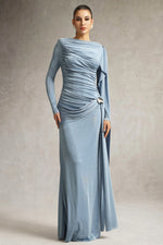Load image into Gallery viewer, Tihila Long Sleeve Ruched Blue Maxi Dress