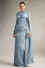 Load image into Gallery viewer, Tihila Long Sleeve Ruched Blue Maxi Dress