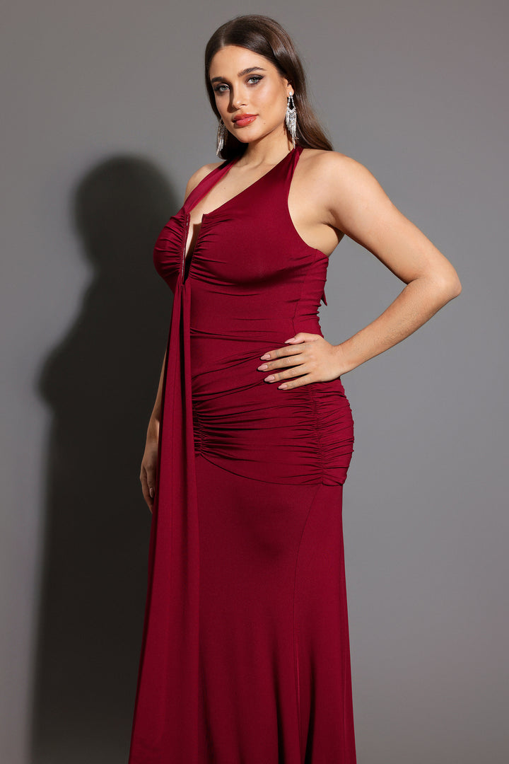 Elsie Halter Sleeveless V-Neck Wrinkles Maxi Dress