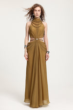 Load image into Gallery viewer, High-Neck Braided Cut-Out Draped Chiffon Maxi Dress