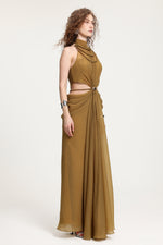 Load image into Gallery viewer, High-Neck Braided Cut-Out Draped Chiffon Maxi Dress