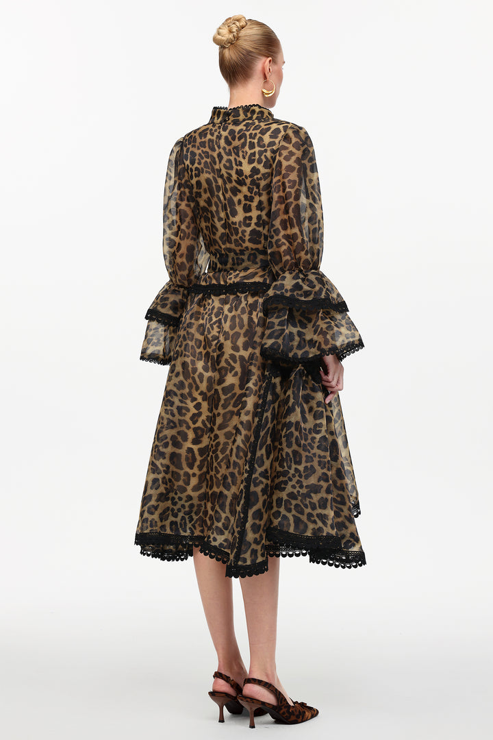 Uhren Resort Flowy V-Neck Long Sleeve Falbala Lace Woven Leopard Print Mini Dress