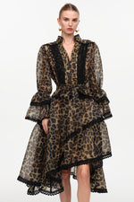 Load image into Gallery viewer, Uhren Resort Flowy V-Neck Long Sleeve Falbala Lace Woven Leopard Print Mini Dress