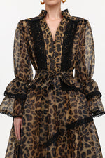 Load image into Gallery viewer, Uhren Resort Flowy V-Neck Long Sleeve Falbala Lace Woven Leopard Print Mini Dress