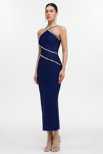 Load image into Gallery viewer, Kailani Classic Contour Halter Rhinestone Blue Bandage Maxi Dress